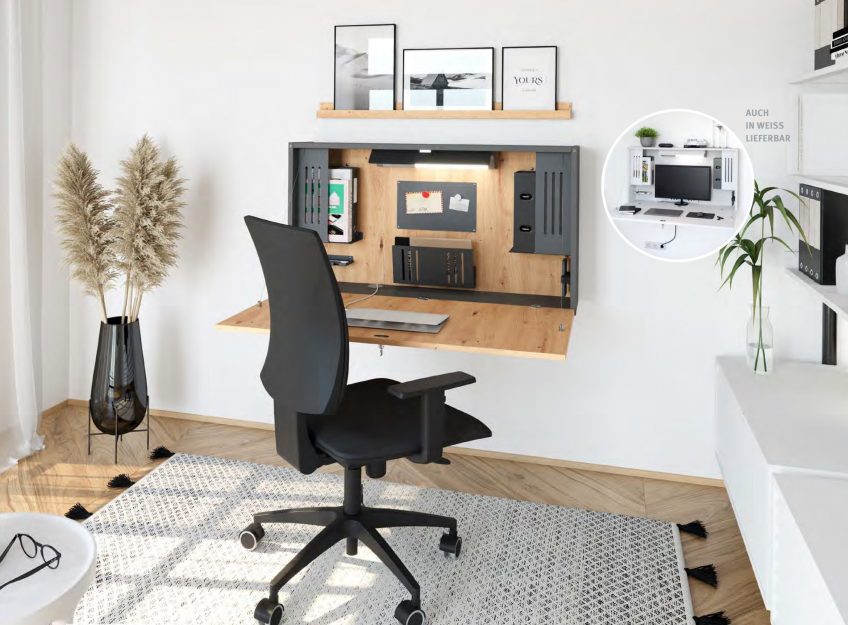 Hammerbacher Platzsparender Homeoffice Arbeitsplatz mit Wandklappschreibtisch Platzsparender Homeoffice Arbeitsplatz mit Wandklappschreibtisch, ergonomischem Stuhl und integriertem Stauraum.