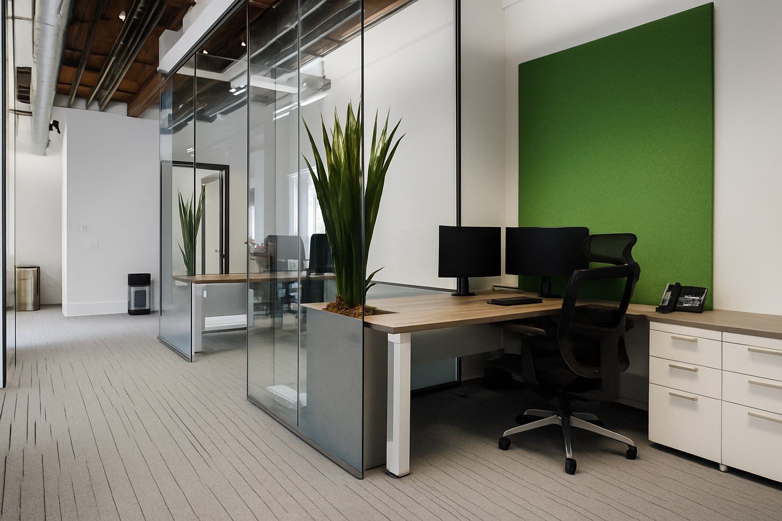 Heller moderner Arbeitsplatz mit ergonomischem Bürostuhl, hellem Holztisch und großem grünen Akustikpane