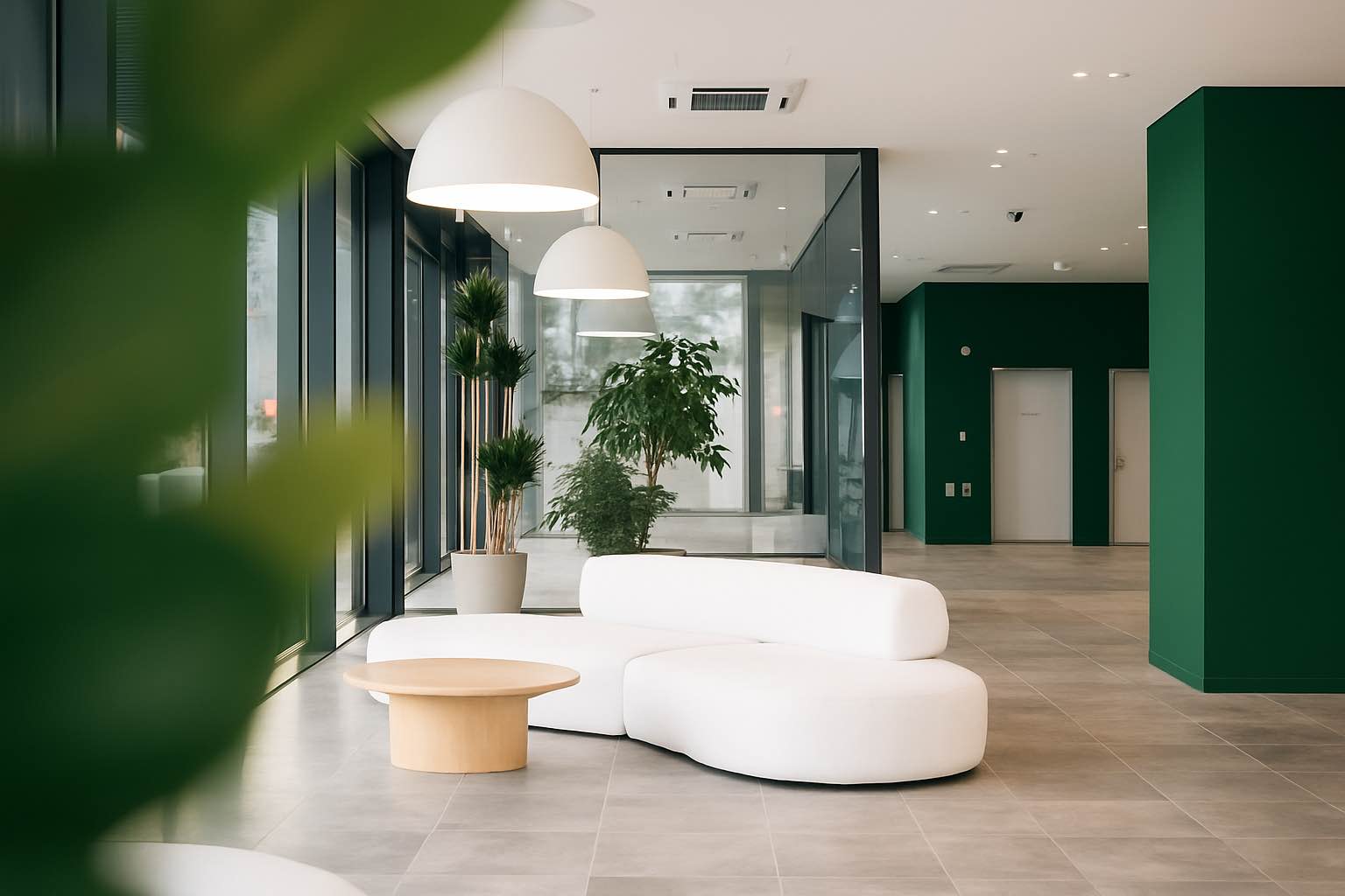 Moderner Loungebereich mit weißem Sofa, hellen Holzelementen und dunkel graugrüner Akzentwand