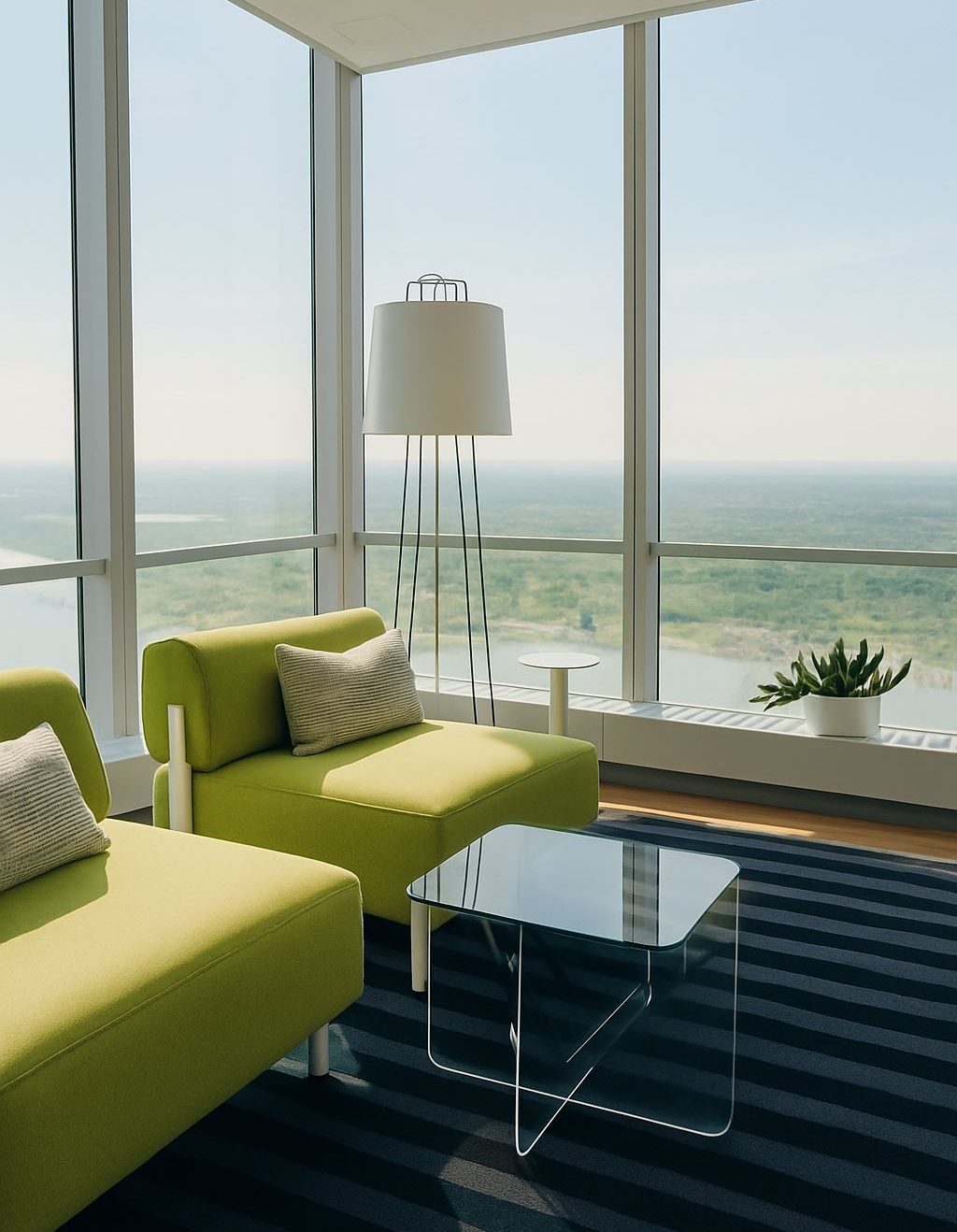 Helle, modern eingerichtete Lounge als Teil einer Büroplanung mit grünen Sitzmöbeln und Panoramablick – Bürowelt design