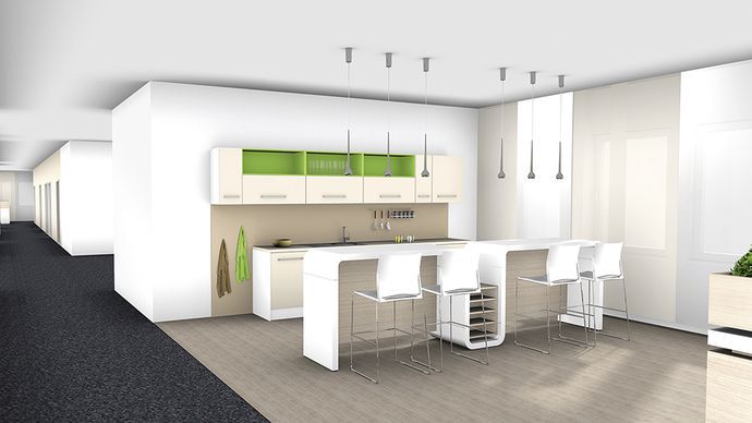 Moderner Kaffeebereich im Büro mit hoher Theke, Barhockern und Oberschränken als Teil des Empfangs- und Kommunikationsbereichs