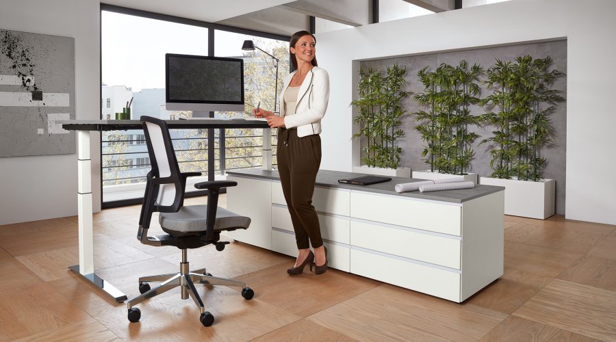Ergonomischer Arbeitsplatz mit höhenverstellbarem Schreibtisch – Bürowelt design Ergonomischer Büroarbeitsplatz mit höhenverstellbarem Tisch, moderner Einrichtung und Pflanzenwand
