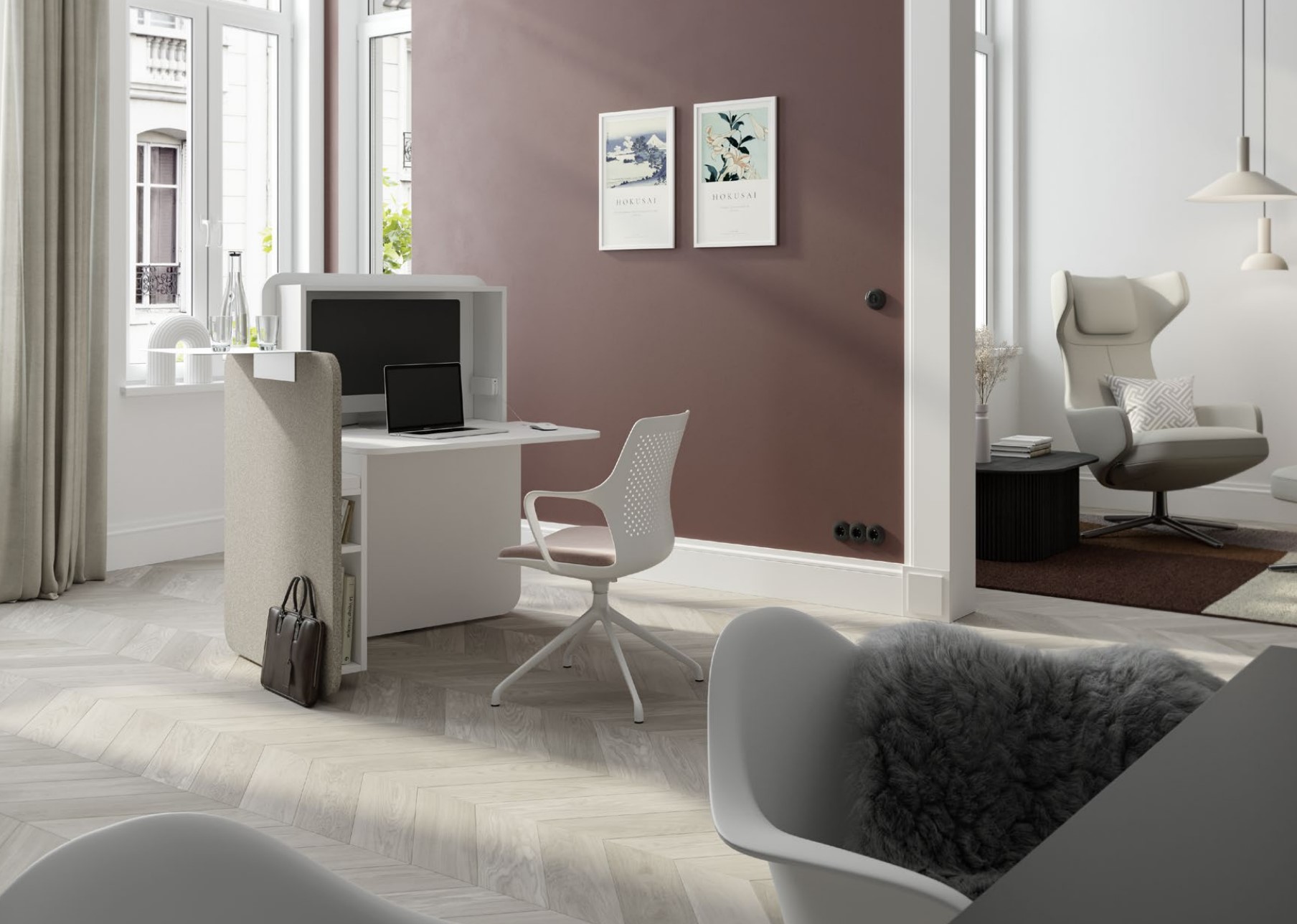 Moderner und kompakter Homeoffice Arbeitsplatz in hellem Wohnraum Moderner Homeoffice Arbeitsplatz mit kompaktem Schreibtisch, ergonomischem Stuhl und integrierter Sichtblende in einem hellen Wohnraum.