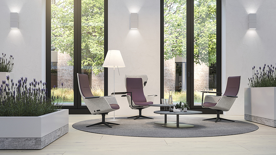 Modulare Sitzmöbel in Grau und Grün für Warte- und Empfangsbereiche mit mehreren Personen